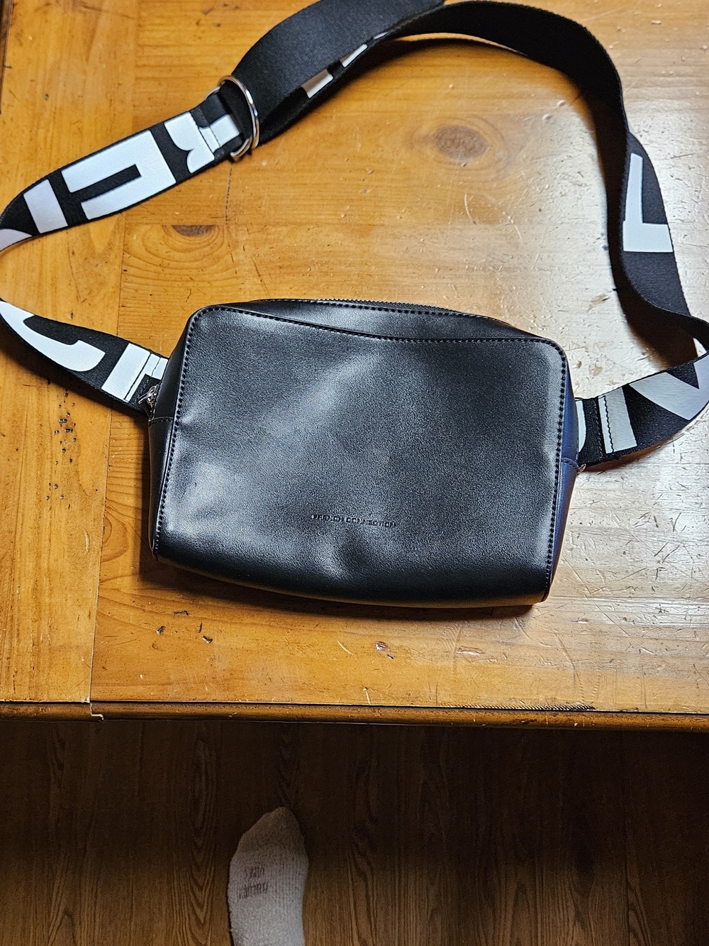 French Connection Black Leather Belt Bag with Black-and-White Strap